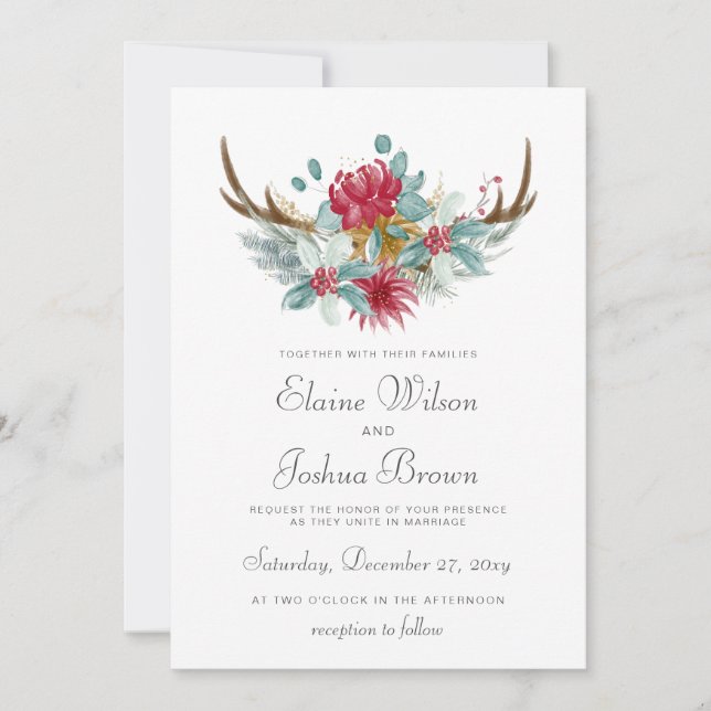 Woodland Deer Floral Antler Winter Wedding Invitation (Front)