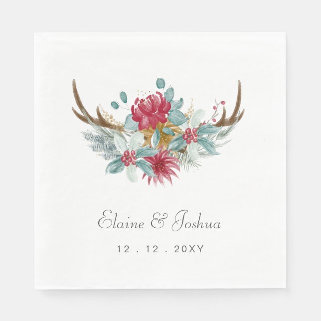 Woodland Deer Floral Antler Winter Wedding Napkins (Front)