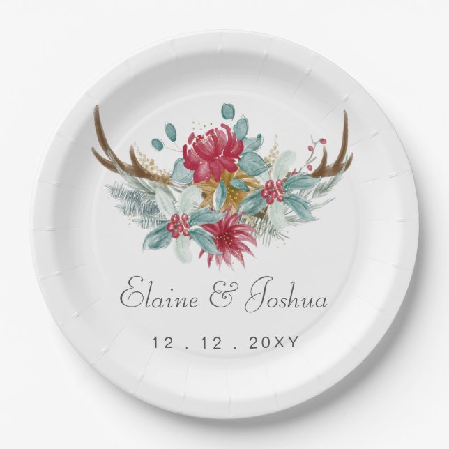 Woodland Deer Floral Antler Winter Wedding Paper Plates (Front)