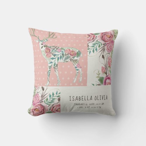 Woodland Deer Floral Baby Girl Birth Stat Info Throw Pillow