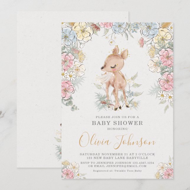 Woodland Deer Floral Baby Shower Invitation (Front/Back)