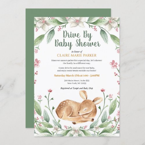 Woodland Deer Floral Greenery Drive By Baby Shower Invitation
