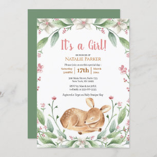 Woodland Deer Floral Greenery Girl Baby Shower Invitation