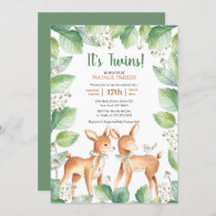 Woodland Deer Floral Greenery Twins Baby Shower Invitation