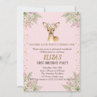 Woodland Deer Floral Pink Girl Birthday Invitation