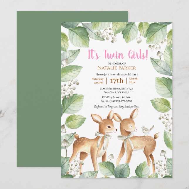 Woodland Deer Floral Twin Girls Baby Shower Invitation (Front/Back)
