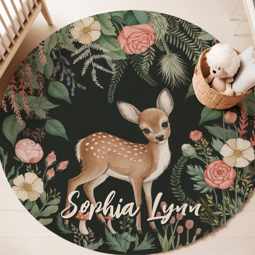 Woodland Deer Floral Wreath Custom Name Nursery Rug