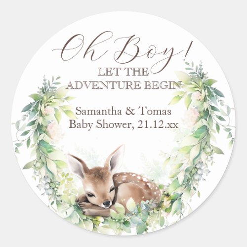 Woodland Deer Forest Greenery Baby Boy Shower Classic Round Sticker