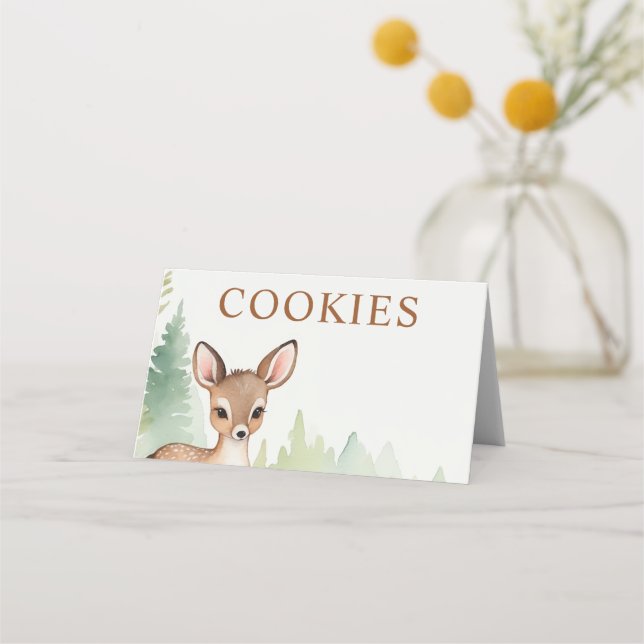 Woodland Deer Forest Neutral Baby Shower Cookies Place Card (Front)