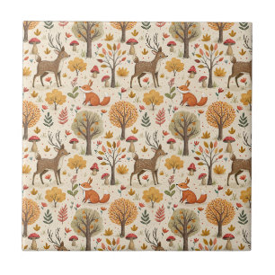 Woodland Deer & Fox Autumn Forest Animal Pattern Ceramic Tile