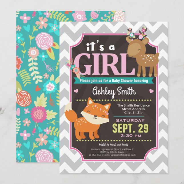 Woodland Deer & Fox Baby Shower Invitation Girl (Front/Back)