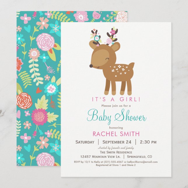 Woodland Deer Girl Baby Shower Invitation (Front/Back)