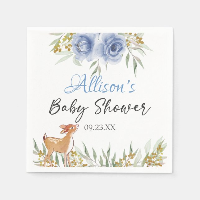 Woodland deer greenery baby shower blue floral napkins (Front)