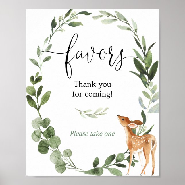 Woodland deer greenery baby shower favors sign (Front)