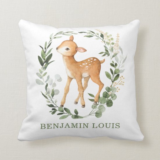 Woodland Deer Greenery Forest Monogram Nursery Throw Pillow