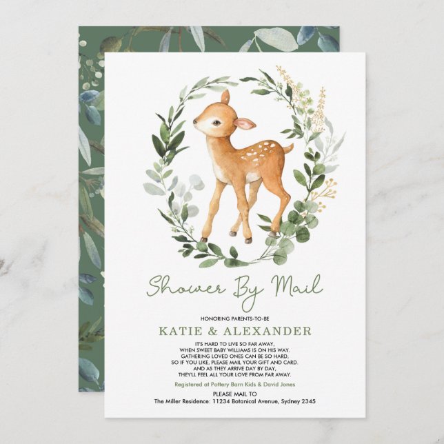 Woodland Deer Greenery Gold Baby Shower By Mail Invitation (Front/Back)