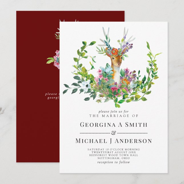 Woodland Deer Illustrated Burgundy Wedding Invitation (Front/Back)