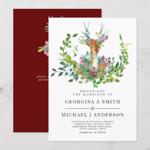 Woodland Deer Illustrated Burgundy Wedding Invitation