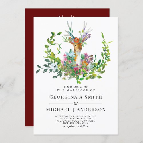 Woodland Deer Illustrated Burgundy Wedding Invitation