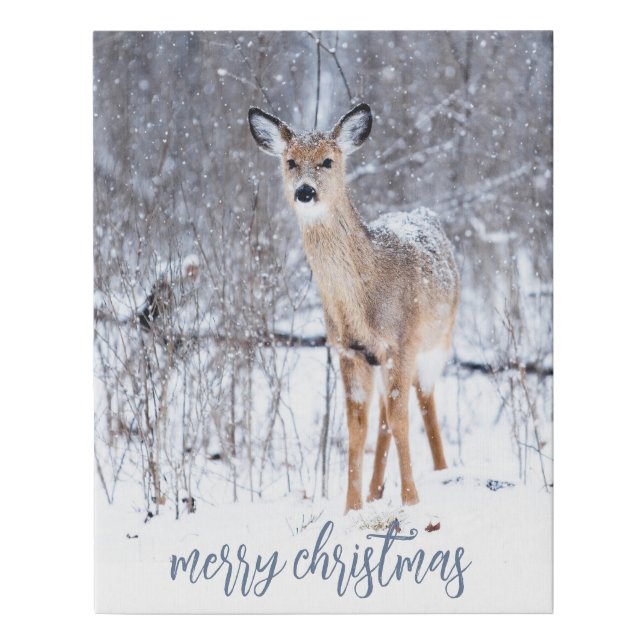Woodland Deer In Winter Snow Christmas  Faux Canvas Print (Front)