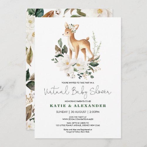 Woodland Deer Ivory Floral Virtual Baby Shower Invitation
