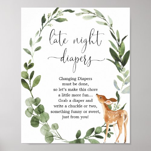 Woodland Deer Late night diapers baby shower sign