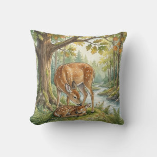 Woodland Deer Mama & Baby Kids Throw Pillow
