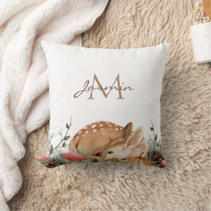 Woodland Deer Monogram Rustic Nursery Throw Pillow