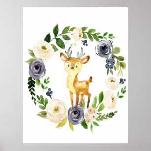 Woodland deer navy floral nursery print