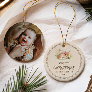 Woodland Deer New Born First Christmas Photo Ceramic Ornament