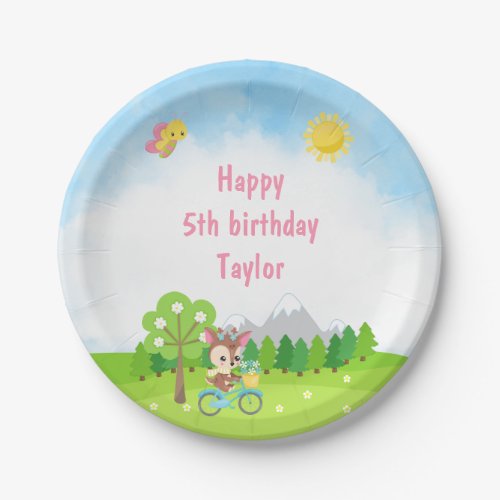 Woodland Deer on Blue Bicycle Birthday Paper Plates