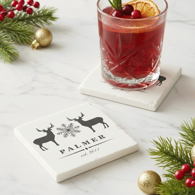 Woodland Deer Personalized Family Name Stone Coaster (Creator Uploaded)