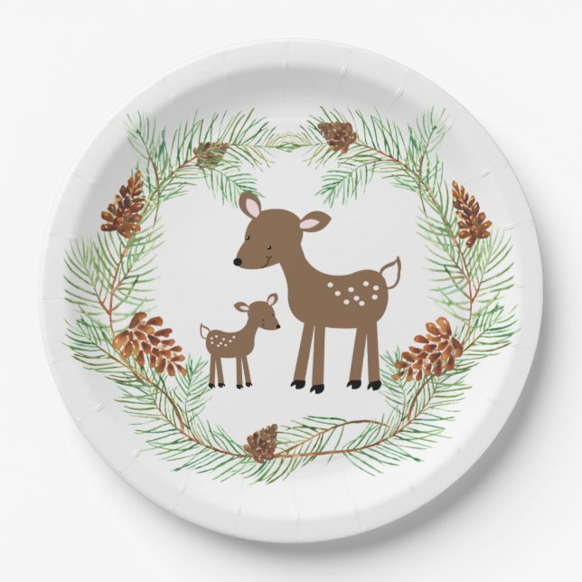 Woodland Deer Pine Cone Baby Shower Paper Plates (Front)