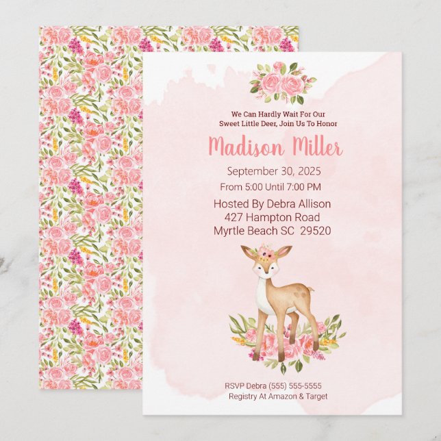  Woodland Deer Pink Floral Baby Shower    Invitati Invitation (Front/Back)