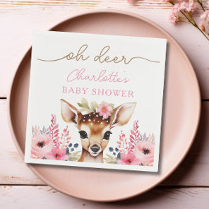 Woodland Deer Pink Floral Girl Baby Shower Custom Napkins