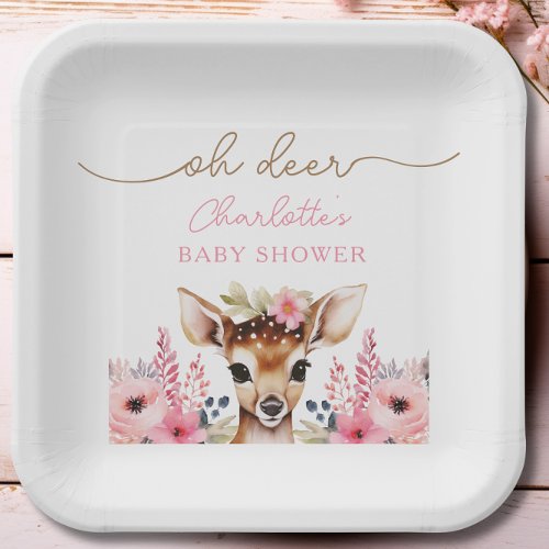 Woodland Deer Pink Floral Girl Baby Shower Custom Paper Plates