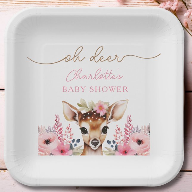 Woodland Deer Pink Floral Girl Baby Shower Custom Paper Plates (Woodland Deer Pink Floral Girl Baby Shower Custom Paper Plates)
