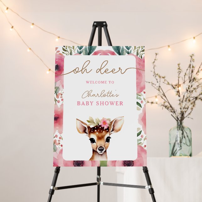 Woodland Deer Pink Floral Girl Baby Shower Welcome Foam Board (In Situ (Stand))