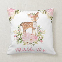 Woodland Deer Pink Floral Peony Girl Nursery Decor Throw Pillow