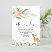 Woodland deer pink gold green couples baby shower invitation (Standing Front)