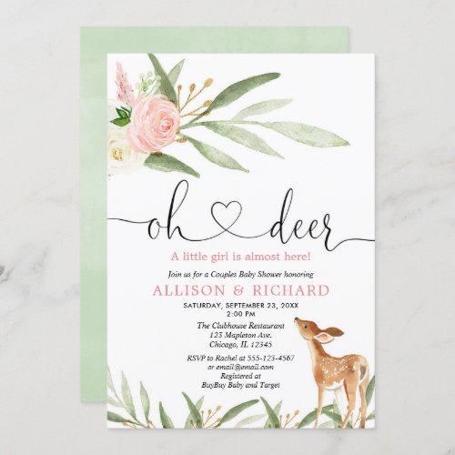 Woodland deer pink gold green couples baby shower invitation