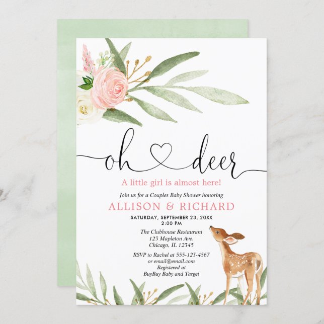 Woodland deer pink gold green couples baby shower invitation (Front/Back)