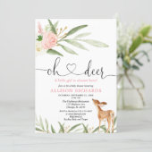 Woodland deer pink gold greenery girl baby shower invitation (Standing Front)