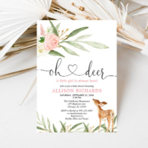 Woodland deer pink gold greenery girl baby shower invitation