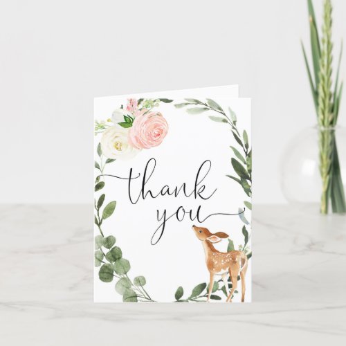 Woodland deer pink gold greenery girl thank you card