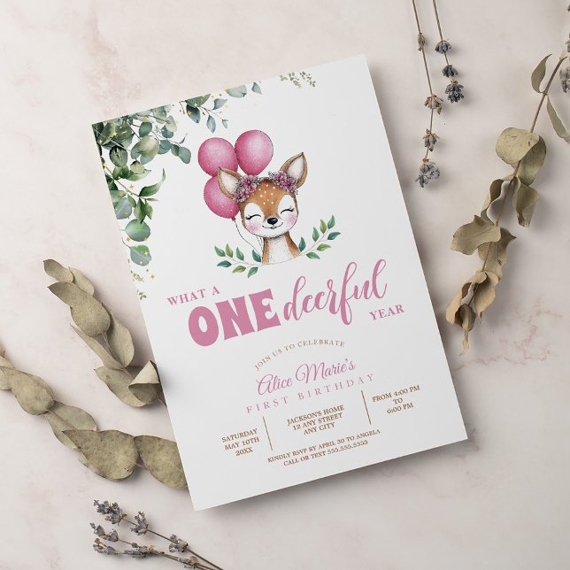 Woodland Deer Pink greenery girl First Birthday Invitation (Creator Uploaded)