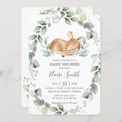 Woodland Deer Rustic Greenery Leafy Baby Shower Invitation