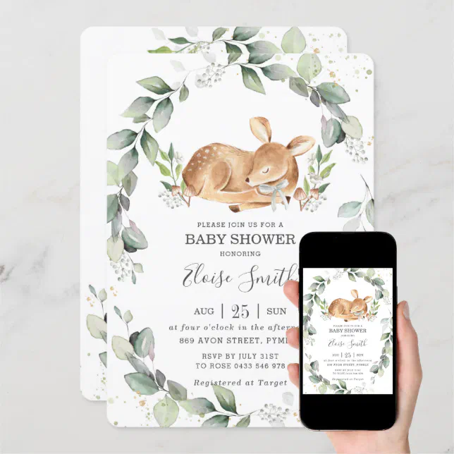 Woodland Deer Rustic Greenery Leafy Baby Shower Invitation | Zazzle