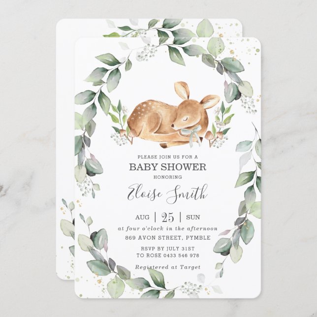 Woodland Deer Rustic Greenery Leafy Baby Shower Invitation (Front/Back)
