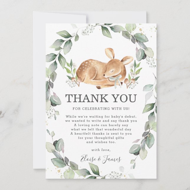 Woodland Deer Rustic Greenery Leafy Baby Shower Thank You Card (Front)